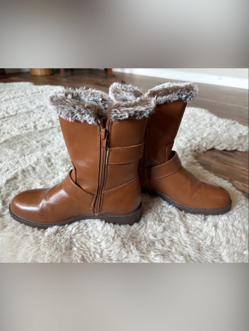 Madden Girl Brown Faux-Fur Trim Buckle Kids Boots - Picture 3 of 4